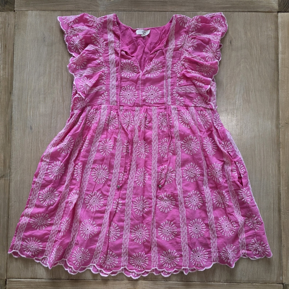 Entro Pink Embroidered Eyelet Dress with Ruffle Sleeves – Size Large